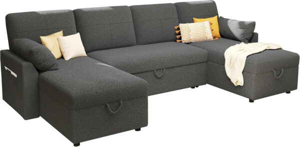 VanAcc Sofa Bed, Sleeper Sofa- 2 in 1 Pull Out Couch Bed with Storage Chaise for Living Room, White Sherpa 84in x 59in x 39in
