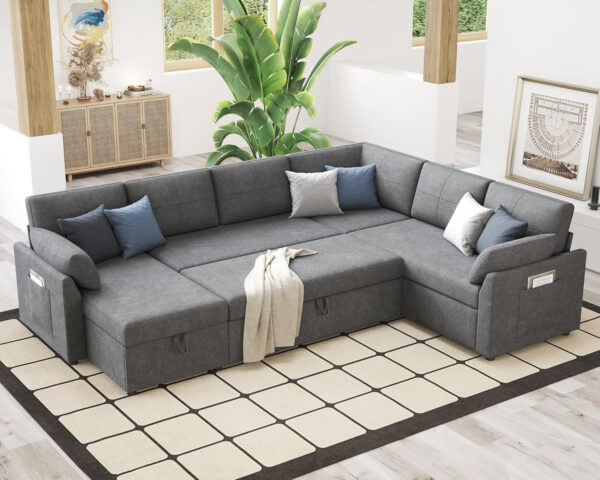 VanAcc Sofa Bed, Sleeper Sofa- 2 in 1 Pull Out Couch Bed with Storage Chaise for Living Room, White Sherpa 84in x 59in x 39in