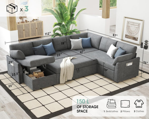 VanAcc Sofa Bed, Sleeper Sofa- 2 in 1 Pull Out Couch Bed with Storage Chaise for Living Room, White Sherpa 84in x 59in x 39in