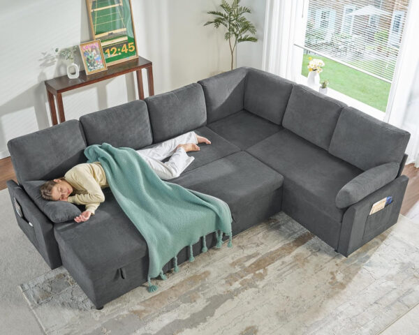 VanAcc Sofa Bed, Sleeper Sofa- 2 in 1 Pull Out Couch Bed with Storage Chaise for Living Room, White Sherpa 84in x 59in x 39in