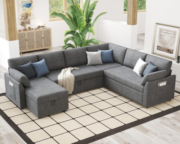 VanAcc Sofa Bed, Sleeper Sofa- 2 in 1 Pull Out Couch Bed with Storage Chaise for Living Room, White Sherpa 84in x 59in x 39in