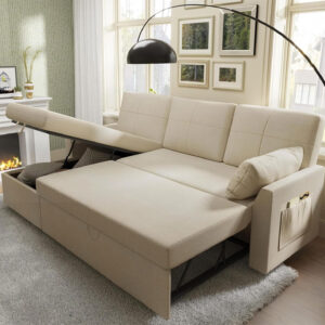 VanAcc Sofa Bed, Sleeper Sofa- 2 in 1 Pull Out Couch Bed with Storage Chaise for Living Room, White Sherpa 84in x 59in x 39in