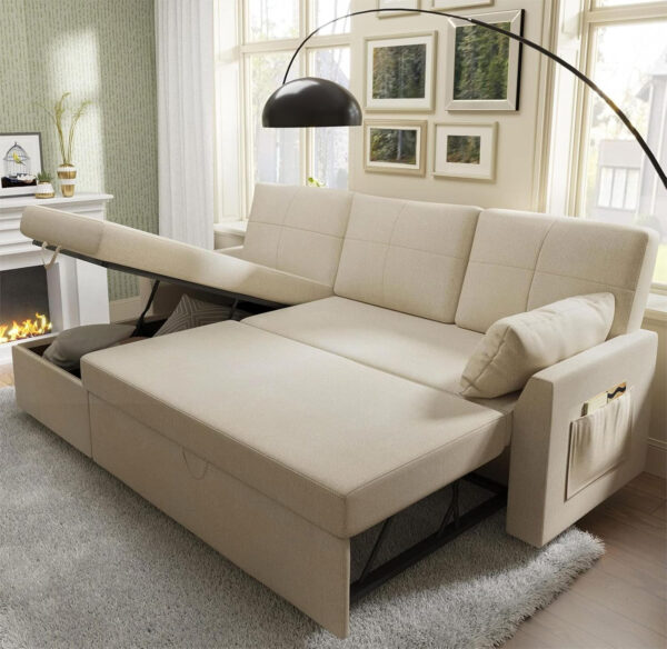 VanAcc Sofa Bed, Sleeper Sofa- 2 in 1 Pull Out Couch Bed with Storage Chaise for Living Room, White Sherpa 84in x 59in x 39in