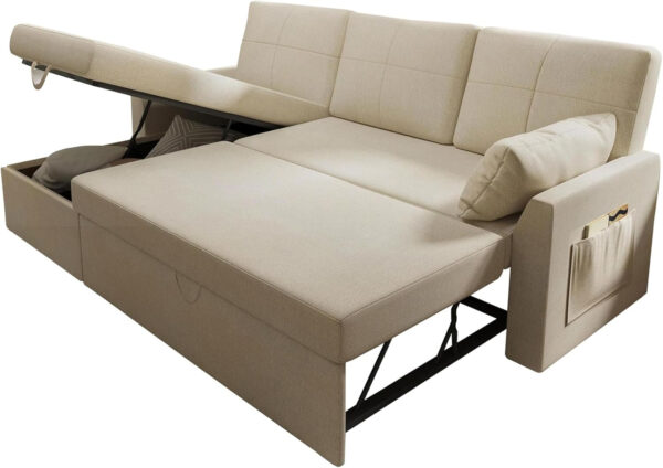 VanAcc Sofa Bed, Sleeper Sofa- 2 in 1 Pull Out Couch Bed with Storage Chaise for Living Room, White Sherpa 84in x 59in x 39in