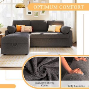 VanAcc Sofa Bed, Sleeper Sofa- 2 in 1 Pull Out Couch Bed with Storage Chaise for Living Room, White Sherpa 84in x 59in x 39in