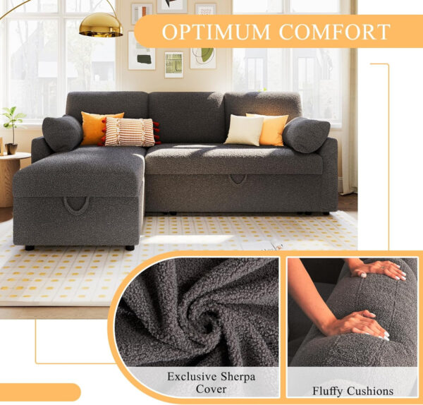 VanAcc Sofa Bed, Sleeper Sofa- 2 in 1 Pull Out Couch Bed with Storage Chaise for Living Room, White Sherpa 84in x 59in x 39in