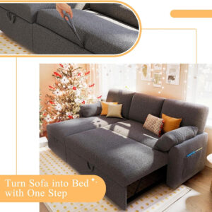 VanAcc Sofa Bed, Sleeper Sofa- 2 in 1 Pull Out Couch Bed with Storage Chaise for Living Room, White Sherpa 84in x 59in x 39in