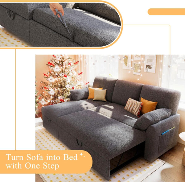 VanAcc Sofa Bed, Sleeper Sofa- 2 in 1 Pull Out Couch Bed with Storage Chaise for Living Room, White Sherpa 84in x 59in x 39in