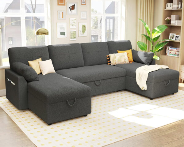 VanAcc Sofa Bed, Sleeper Sofa- 2 in 1 Pull Out Couch Bed with Storage Chaise for Living Room, White Sherpa 84in x 59in x 39in