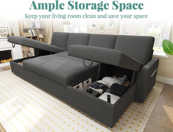 VanAcc Sofa Bed, Sleeper Sofa- 2 in 1 Pull Out Couch Bed with Storage Chaise for Living Room, White Sherpa 84in x 59in x 39in