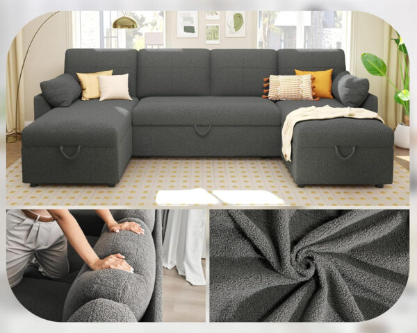 VanAcc Sofa Bed, Sleeper Sofa- 2 in 1 Pull Out Couch Bed with Storage Chaise for Living Room, White Sherpa 84in x 59in x 39in
