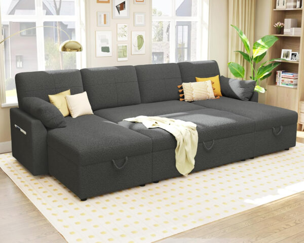 VanAcc Sofa Bed, Sleeper Sofa- 2 in 1 Pull Out Couch Bed with Storage Chaise for Living Room, White Sherpa 84in x 59in x 39in
