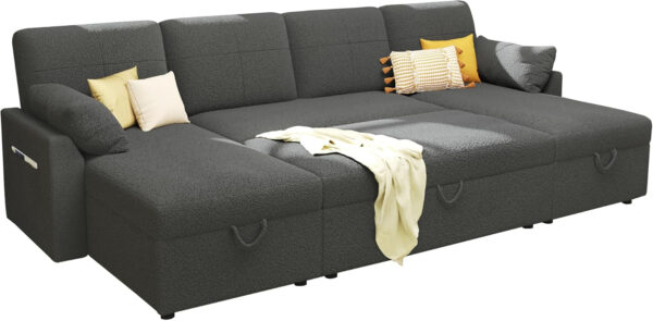 VanAcc Sofa Bed, Sleeper Sofa- 2 in 1 Pull Out Couch Bed with Storage Chaise for Living Room, White Sherpa 84in x 59in x 39in