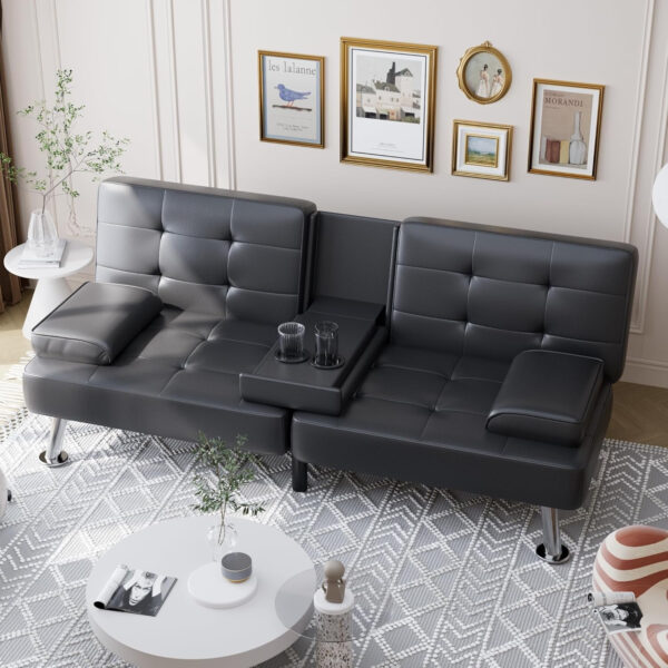 6886e646d039c082f8d1a53c300f4ae67b2cc75403e04af5823d6.jpg Shahoo Convertible Folding Futon Sofa Bed Sleeper Couch for Living Room Faux Leather Upholstered Loveseat w/Removable Armrests, Metal Legs, 2 Cup Holders, Black