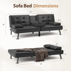 6886e647c6ce26f45dd9f73f7c5e2b2e9cfd9a30f595264da5255.jpg Shahoo Convertible Folding Futon Sofa Bed Sleeper Couch for Living Room Faux Leather Upholstered Loveseat w/Removable Armrests, Metal Legs, 2 Cup Holders, Black