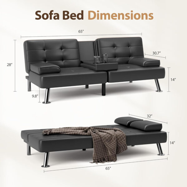 6886e647c6ce26f45dd9f73f7c5e2b2e9cfd9a30f595264da5255.jpg Shahoo Convertible Folding Futon Sofa Bed Sleeper Couch for Living Room Faux Leather Upholstered Loveseat w/Removable Armrests, Metal Legs, 2 Cup Holders, Black