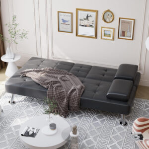 6886e648c5202d9a4b88f85e047f2bd0a561d1c4ec5c6e241584a.jpg Shahoo Convertible Folding Futon Sofa Bed Sleeper Couch for Living Room Faux Leather Upholstered Loveseat w/Removable Armrests, Metal Legs, 2 Cup Holders, Black