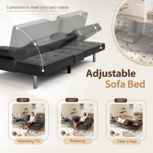6886e64a190e392d221ab26c696b30dabe07a5783d1801449b47c.jpg Shahoo Convertible Folding Futon Sofa Bed Sleeper Couch for Living Room Faux Leather Upholstered Loveseat w/Removable Armrests, Metal Legs, 2 Cup Holders, Black
