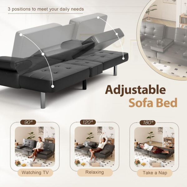 6886e64a190e392d221ab26c696b30dabe07a5783d1801449b47c.jpg Shahoo Convertible Folding Futon Sofa Bed Sleeper Couch for Living Room Faux Leather Upholstered Loveseat w/Removable Armrests, Metal Legs, 2 Cup Holders, Black