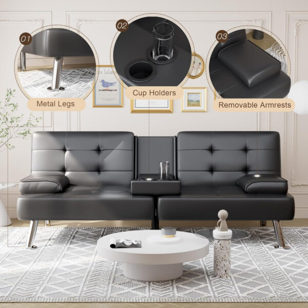 6886e64b35e15fa67323c19c2ad7bfc509b472f2e4f5c321a26b4.jpg Shahoo Convertible Folding Futon Sofa Bed Sleeper Couch for Living Room Faux Leather Upholstered Loveseat w/Removable Armrests, Metal Legs, 2 Cup Holders, Black