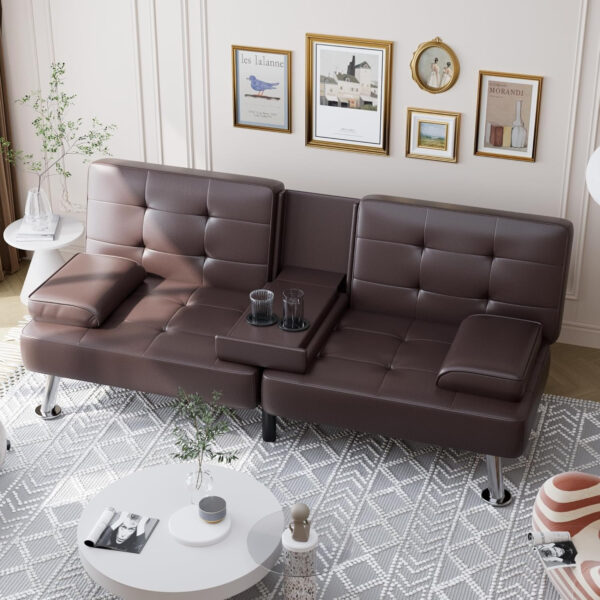 6886e64c67941901349a7d9de08608a3fc787cebcfaadc56954af.jpg Shahoo Convertible Folding Futon Sofa Bed Sleeper Couch for Living Room Faux Leather Upholstered Loveseat w/Removable Armrests, Metal Legs, 2 Cup Holders, Black