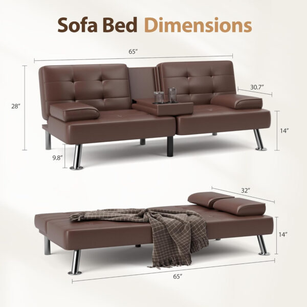 6886e64d9a5317a5b6a2325e42c4ec2ca9e7db3381760d37527dc.jpg Shahoo Convertible Folding Futon Sofa Bed Sleeper Couch for Living Room Faux Leather Upholstered Loveseat w/Removable Armrests, Metal Legs, 2 Cup Holders, Black
