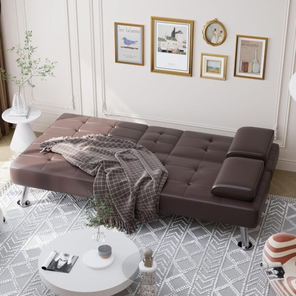 6886e64f2ceecd1341d731a23d670665e7082cd2ac4edd29b9ac2.jpg Shahoo Convertible Folding Futon Sofa Bed Sleeper Couch for Living Room Faux Leather Upholstered Loveseat w/Removable Armrests, Metal Legs, 2 Cup Holders, Black