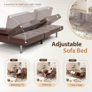 6886e650c2446430d4e98452b6c82cfea74a7fba23e52f1312772.jpg Shahoo Convertible Folding Futon Sofa Bed Sleeper Couch for Living Room Faux Leather Upholstered Loveseat w/Removable Armrests, Metal Legs, 2 Cup Holders, Black