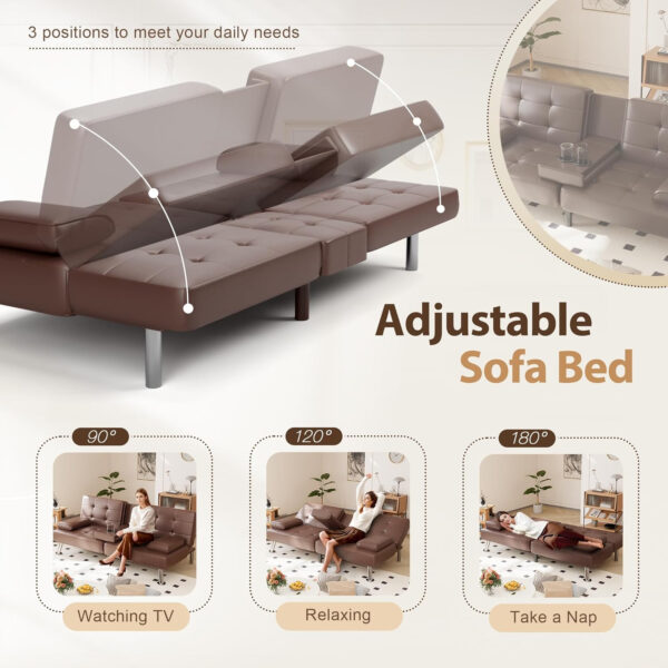 6886e650c2446430d4e98452b6c82cfea74a7fba23e52f1312772.jpg Shahoo Convertible Folding Futon Sofa Bed Sleeper Couch for Living Room Faux Leather Upholstered Loveseat w/Removable Armrests, Metal Legs, 2 Cup Holders, Black