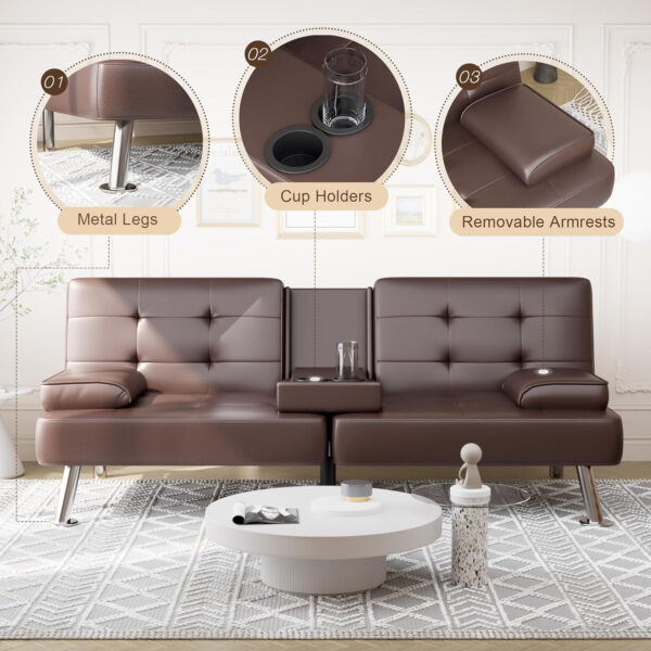 6886e651e18cbc1ebc58e2dc30e9cf886d959b12ff3ef66722d5c.jpg Shahoo Convertible Folding Futon Sofa Bed Sleeper Couch for Living Room Faux Leather Upholstered Loveseat w/Removable Armrests, Metal Legs, 2 Cup Holders, Black