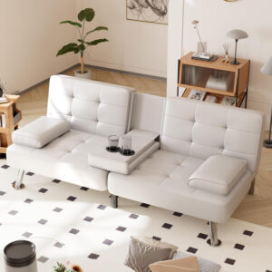 6886e652ea04ba1d9261e64d198be7e4bd9660e881c9af18e0309.jpg Shahoo Convertible Folding Futon Sofa Bed Sleeper Couch for Living Room Faux Leather Upholstered Loveseat w/Removable Armrests, Metal Legs, 2 Cup Holders, Black