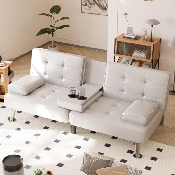 6886e652ea04ba1d9261e64d198be7e4bd9660e881c9af18e0309.jpg Shahoo Convertible Folding Futon Sofa Bed Sleeper Couch for Living Room Faux Leather Upholstered Loveseat w/Removable Armrests, Metal Legs, 2 Cup Holders, Black