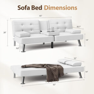 6886e6540e1e99a772c928de4463aa1f2e4611361741a1b124000.jpg Shahoo Convertible Folding Futon Sofa Bed Sleeper Couch for Living Room Faux Leather Upholstered Loveseat w/Removable Armrests, Metal Legs, 2 Cup Holders, Black