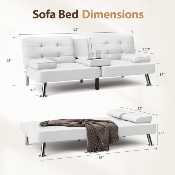6886e6540e1e99a772c928de4463aa1f2e4611361741a1b124000.jpg Shahoo Convertible Folding Futon Sofa Bed Sleeper Couch for Living Room Faux Leather Upholstered Loveseat w/Removable Armrests, Metal Legs, 2 Cup Holders, Black