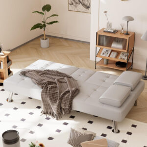 6886e655152b4ed9f57c6e2fe56dcc9aefaecb5cbc25c76a4c03c.jpg Shahoo Convertible Folding Futon Sofa Bed Sleeper Couch for Living Room Faux Leather Upholstered Loveseat w/Removable Armrests, Metal Legs, 2 Cup Holders, Black