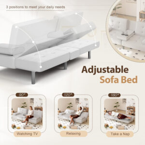 6886e65645a9c4c87feb61684e81f5d452cfbc1c1150354774d4f.jpg Shahoo Convertible Folding Futon Sofa Bed Sleeper Couch for Living Room Faux Leather Upholstered Loveseat w/Removable Armrests, Metal Legs, 2 Cup Holders, Black