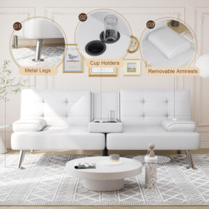 6886e6574d84a776c3ec206fec3c869beea4be672fbf91f6247a7.jpg Shahoo Convertible Folding Futon Sofa Bed Sleeper Couch for Living Room Faux Leather Upholstered Loveseat w/Removable Armrests, Metal Legs, 2 Cup Holders, Black