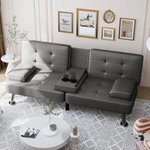 6886e65854b18ea7f515d5042d2a3d5b1bdaf247473d41d4a8b7e.jpg Shahoo Convertible Folding Futon Sofa Bed Sleeper Couch for Living Room Faux Leather Upholstered Loveseat w/Removable Armrests, Metal Legs, 2 Cup Holders, Black