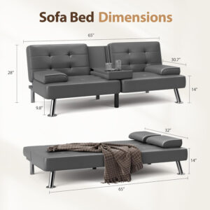 6886e6595d80d0a3950b889410968f1048a4a0160c53443e6c0ed.jpg Shahoo Convertible Folding Futon Sofa Bed Sleeper Couch for Living Room Faux Leather Upholstered Loveseat w/Removable Armrests, Metal Legs, 2 Cup Holders, Black