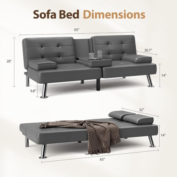 6886e6595d80d0a3950b889410968f1048a4a0160c53443e6c0ed.jpg Shahoo Convertible Folding Futon Sofa Bed Sleeper Couch for Living Room Faux Leather Upholstered Loveseat w/Removable Armrests, Metal Legs, 2 Cup Holders, Black