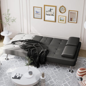 6886e65a7332f8f8f32dc34c1b8a153e501f76eb268627f1f4ea3.jpg Shahoo Convertible Folding Futon Sofa Bed Sleeper Couch for Living Room Faux Leather Upholstered Loveseat w/Removable Armrests, Metal Legs, 2 Cup Holders, Black