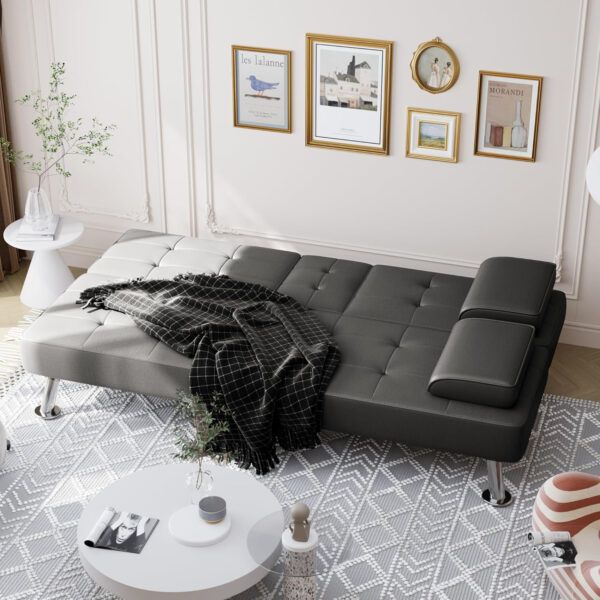 6886e65a7332f8f8f32dc34c1b8a153e501f76eb268627f1f4ea3.jpg Shahoo Convertible Folding Futon Sofa Bed Sleeper Couch for Living Room Faux Leather Upholstered Loveseat w/Removable Armrests, Metal Legs, 2 Cup Holders, Black