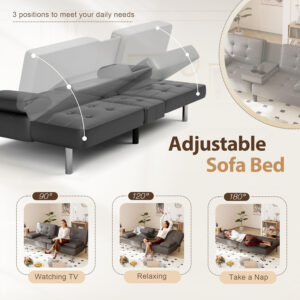 6886e65b8d7df3745247a72b814ceada9a5ef708ca4b354cb0f0c.jpg Shahoo Convertible Folding Futon Sofa Bed Sleeper Couch for Living Room Faux Leather Upholstered Loveseat w/Removable Armrests, Metal Legs, 2 Cup Holders, Black