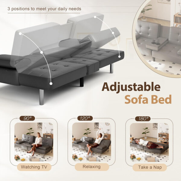 6886e65b8d7df3745247a72b814ceada9a5ef708ca4b354cb0f0c.jpg Shahoo Convertible Folding Futon Sofa Bed Sleeper Couch for Living Room Faux Leather Upholstered Loveseat w/Removable Armrests, Metal Legs, 2 Cup Holders, Black