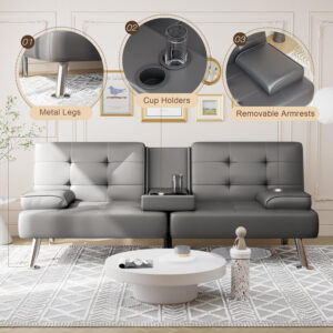 6886e65c98931552b3db9e9912ee40078971421065e91021a3efd.jpg Shahoo Convertible Folding Futon Sofa Bed Sleeper Couch for Living Room Faux Leather Upholstered Loveseat w/Removable Armrests, Metal Legs, 2 Cup Holders, Black