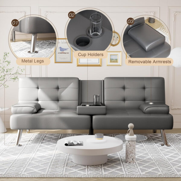 6886e65c98931552b3db9e9912ee40078971421065e91021a3efd.jpg Shahoo Convertible Folding Futon Sofa Bed Sleeper Couch for Living Room Faux Leather Upholstered Loveseat w/Removable Armrests, Metal Legs, 2 Cup Holders, Black