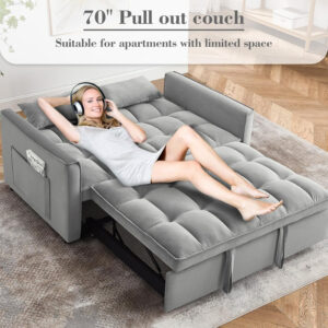 3 in 1 Sleeper Sofa Bed,Velvet Convertible Sofa Bed Pull-Out Bed Couch With Side Pockets,55'' Loveseat Sleeper Sofa with Adjustable Backrest for Living Room,Bedroom,Apartment and Small Space,Gray