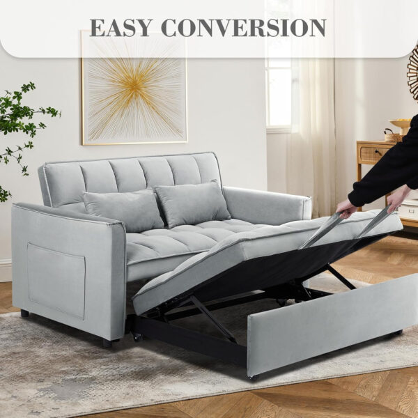 3 in 1 Sleeper Sofa Bed,Velvet Convertible Sofa Bed Pull-Out Bed Couch With Side Pockets,55'' Loveseat Sleeper Sofa with Adjustable Backrest for Living Room,Bedroom,Apartment and Small Space,Gray