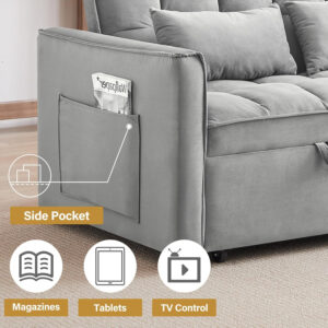 3 in 1 Sleeper Sofa Bed,Velvet Convertible Sofa Bed Pull-Out Bed Couch With Side Pockets,55'' Loveseat Sleeper Sofa with Adjustable Backrest for Living Room,Bedroom,Apartment and Small Space,Gray