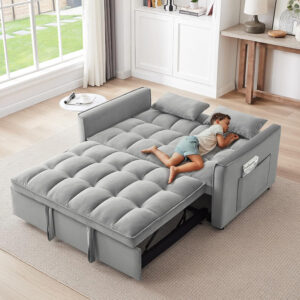 3 in 1 Sleeper Sofa Bed,Velvet Convertible Sofa Bed Pull-Out Bed Couch With Side Pockets,55'' Loveseat Sleeper Sofa with Adjustable Backrest for Living Room,Bedroom,Apartment and Small Space,Gray